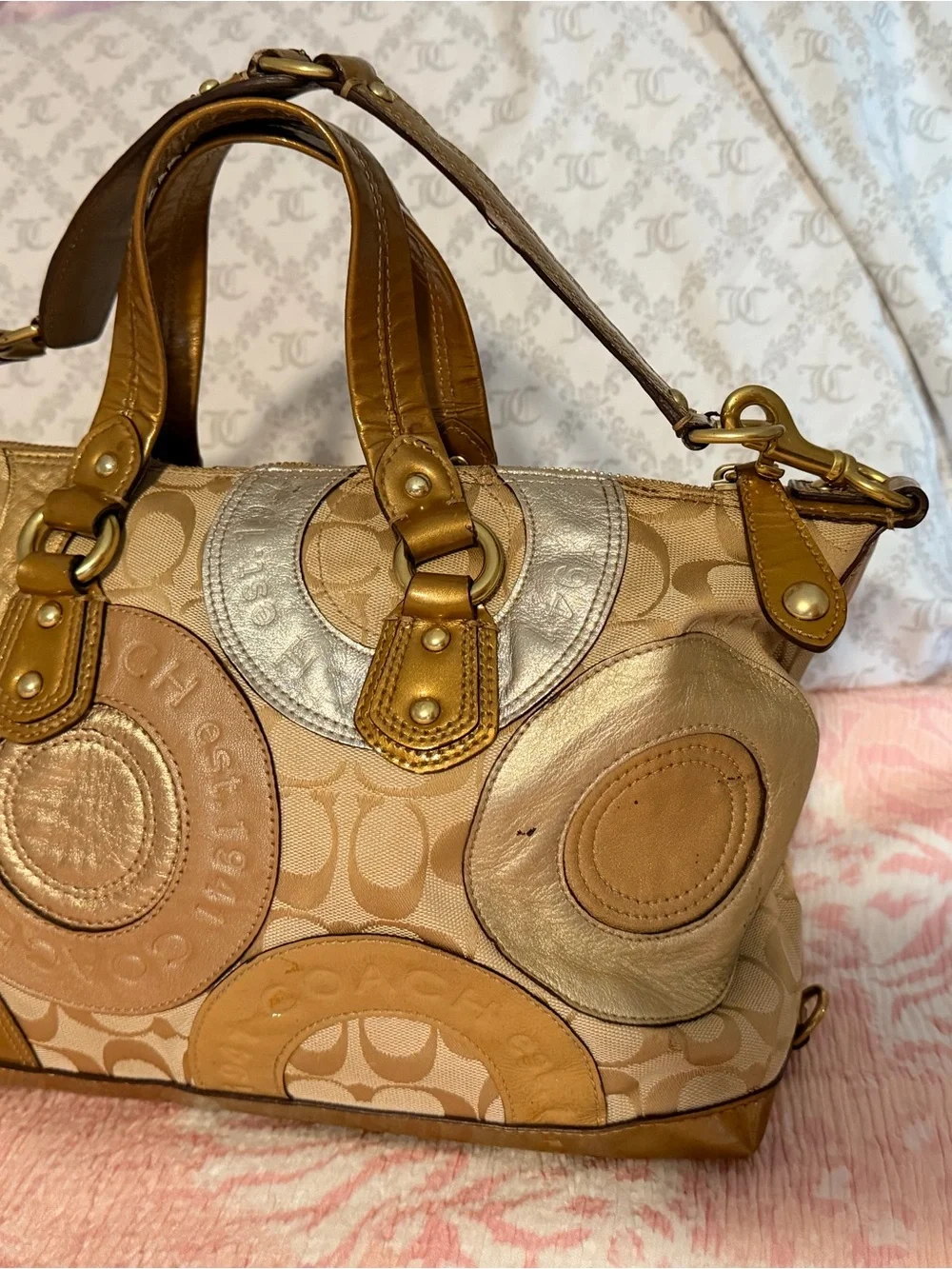 Coach Metallic Patchwork Circle Tote in Gold and Tan